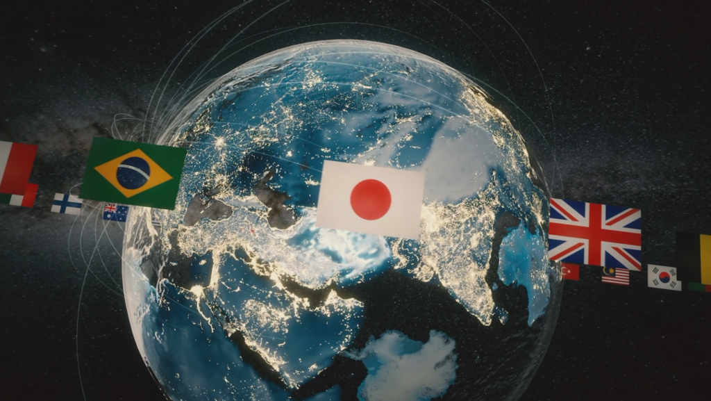 Globo com bandeiras do Brasil, Japão e Reino Unido, representando o universo Gran Turismo